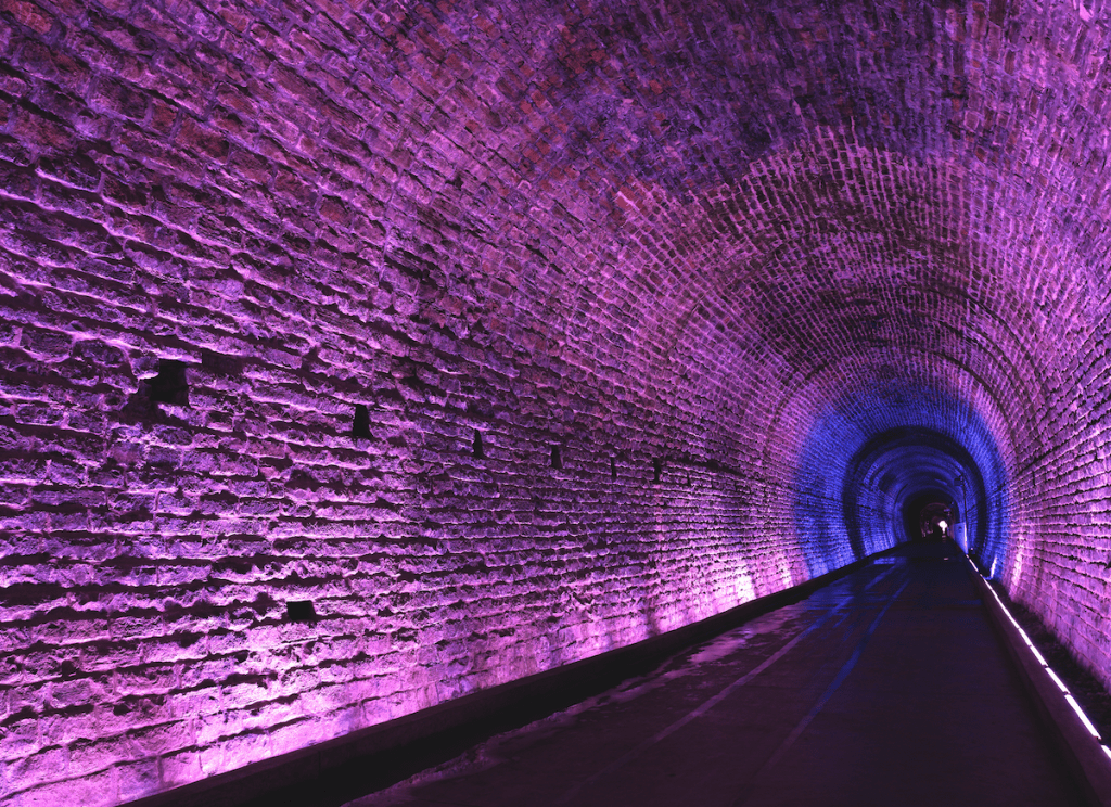 the Brockville railway tunnel lit up in purple