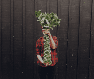 chef holding a large Brussel sprouts plant