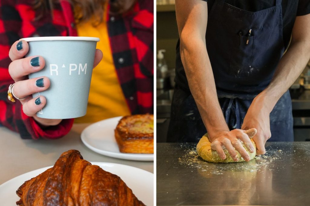 two photos from RPM Bakehouse: one of hand holding coffee cup behind a croissant and in front of a danish, the other is somebody from the neck down kneading bread dough
