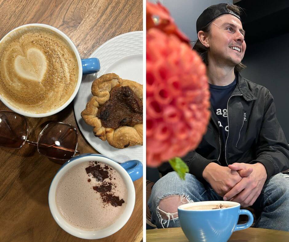 two photos: one overhead shot of butter tart, hot chocolate and cappuccino; one of man smiling with hot chocolate on table in front of him and flowers off to the side