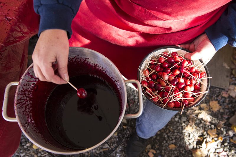overhead shot of somebody dipping a cranberry in a red sauce