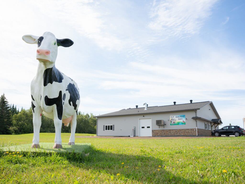 slate river dairy cow statute and exterior of building