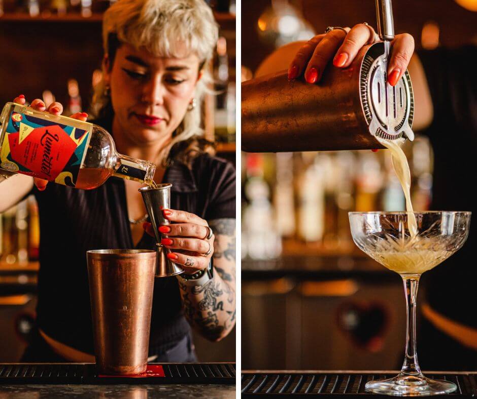 on the left, a bartender is pouring alcohol into a shaker, on the right she is pouring the yellow cocktail into a pretty glass