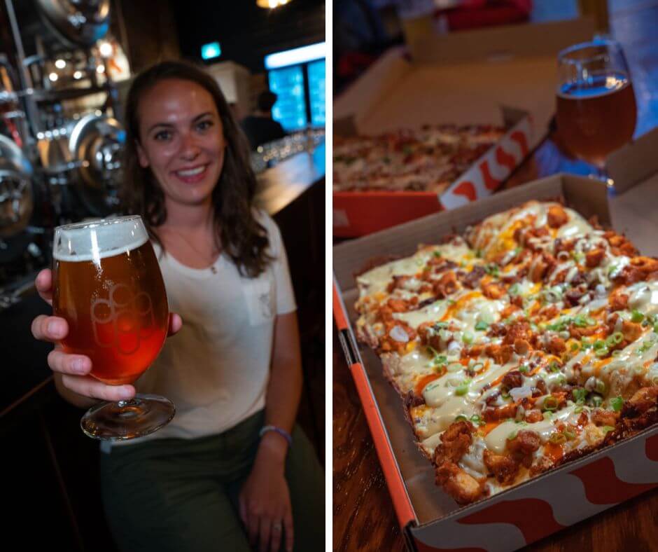 gabby cheersing a beer towards the camera on the left and a detroit-style pizza on the right