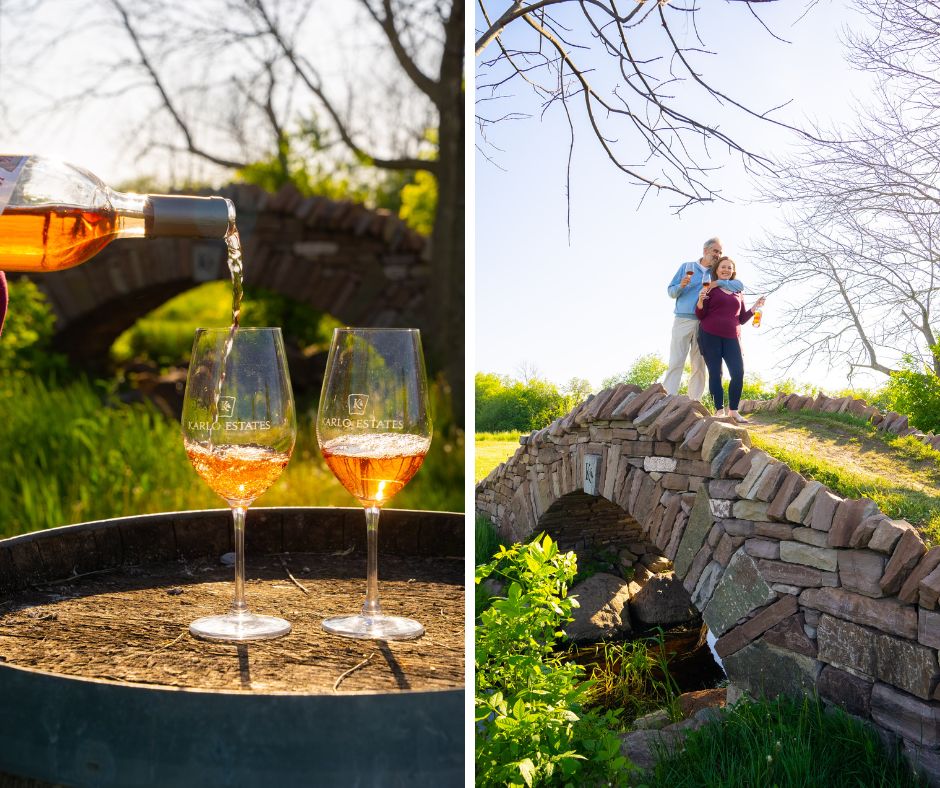 a two panel grid of photos. On the left, pouring rosé at golden hour into two wine glasses and on the left owners Sherry and Saxe embrace with wine in hand on the keystone bridge.