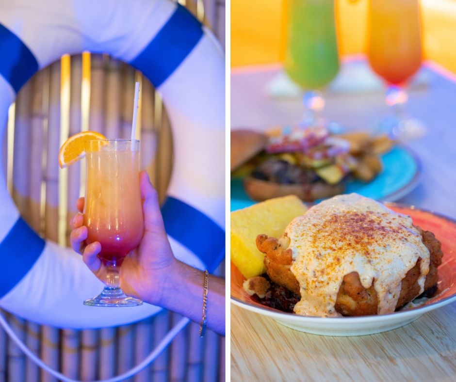 grid photo of a tropical drink on the left and mac n' cheese on the right