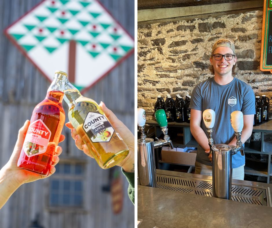 grid of two photos from county cider co. : on the left, two bottle of cider held in front of the barn quilt, on the right a staff member smiling behind the bar