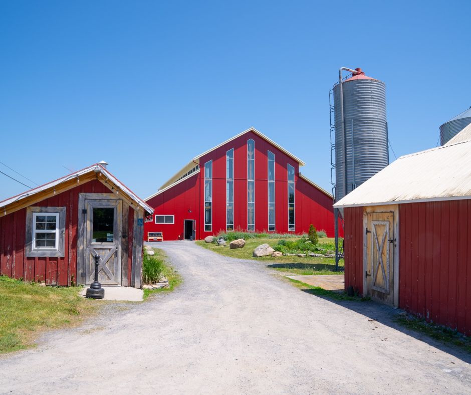 exterior shot of different red buildings at MacKinnon Brothers Brewing Co.