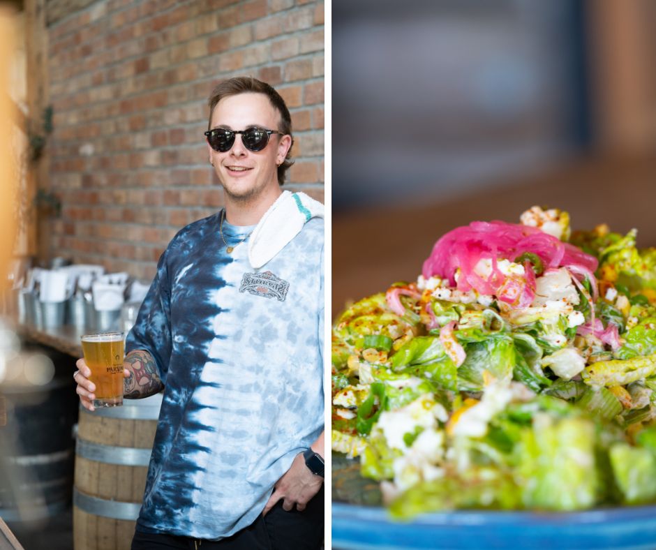 two image grid at Parsons: on the left the bartender in tie-dye holding a beer, on the right a close up of the elot´corn caesar salad