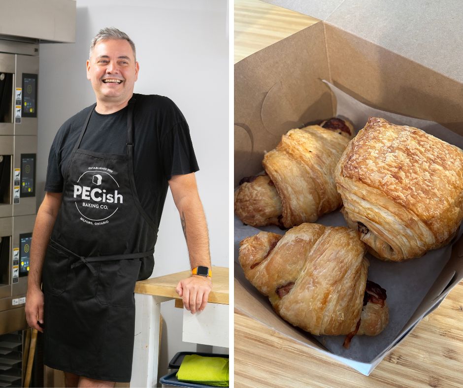 two-image grid from pecish baking. On the left, baker Matty in front of the oven and on the right a box with a ham and cheese croissant, chocolate croissant and pain au chocolat!