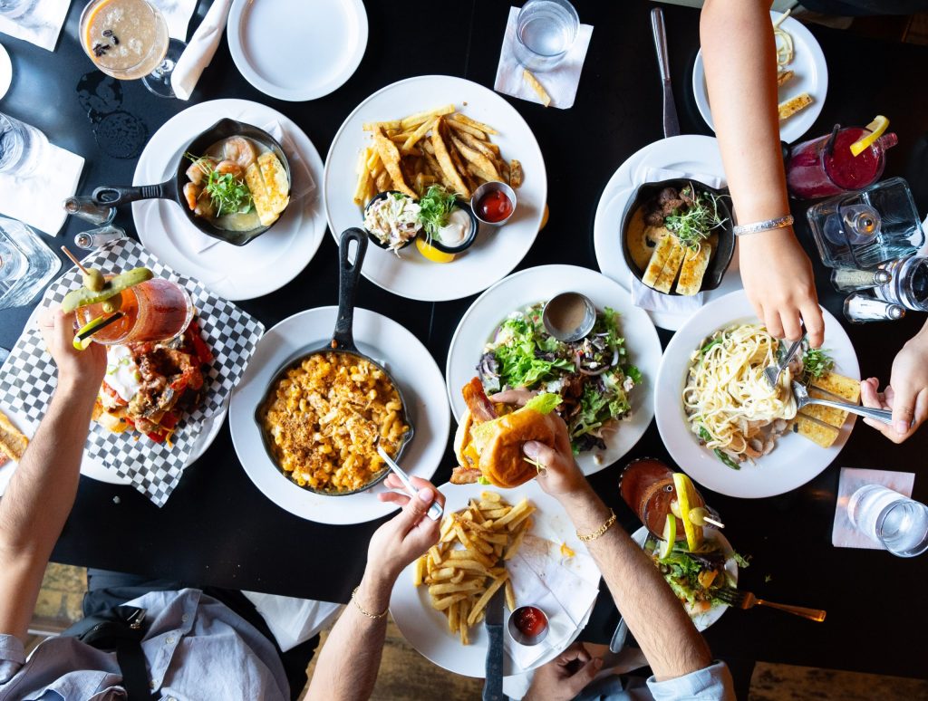overhead shot of all the delicious food at Main Grille and Ale HOuse