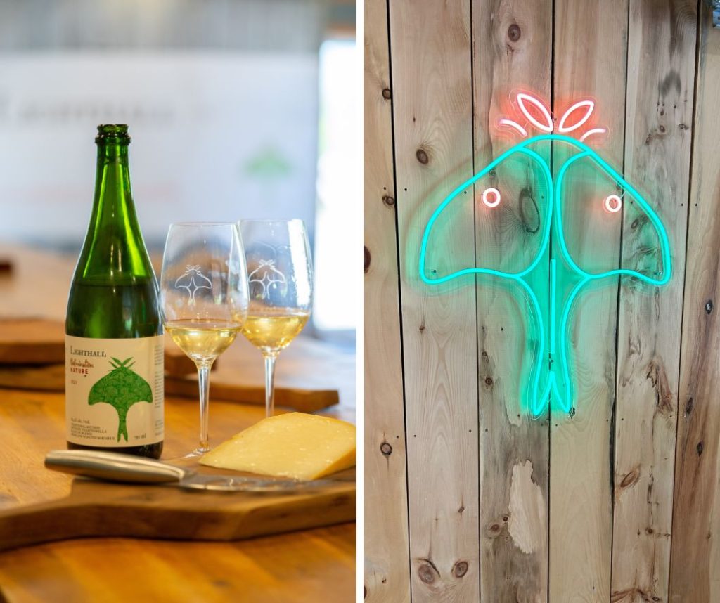 Grid of two photos. On the left, a bottle of the culmination nature wine with cheese and on the right, a close up of lighthall's neon sign of a luna moth. 
