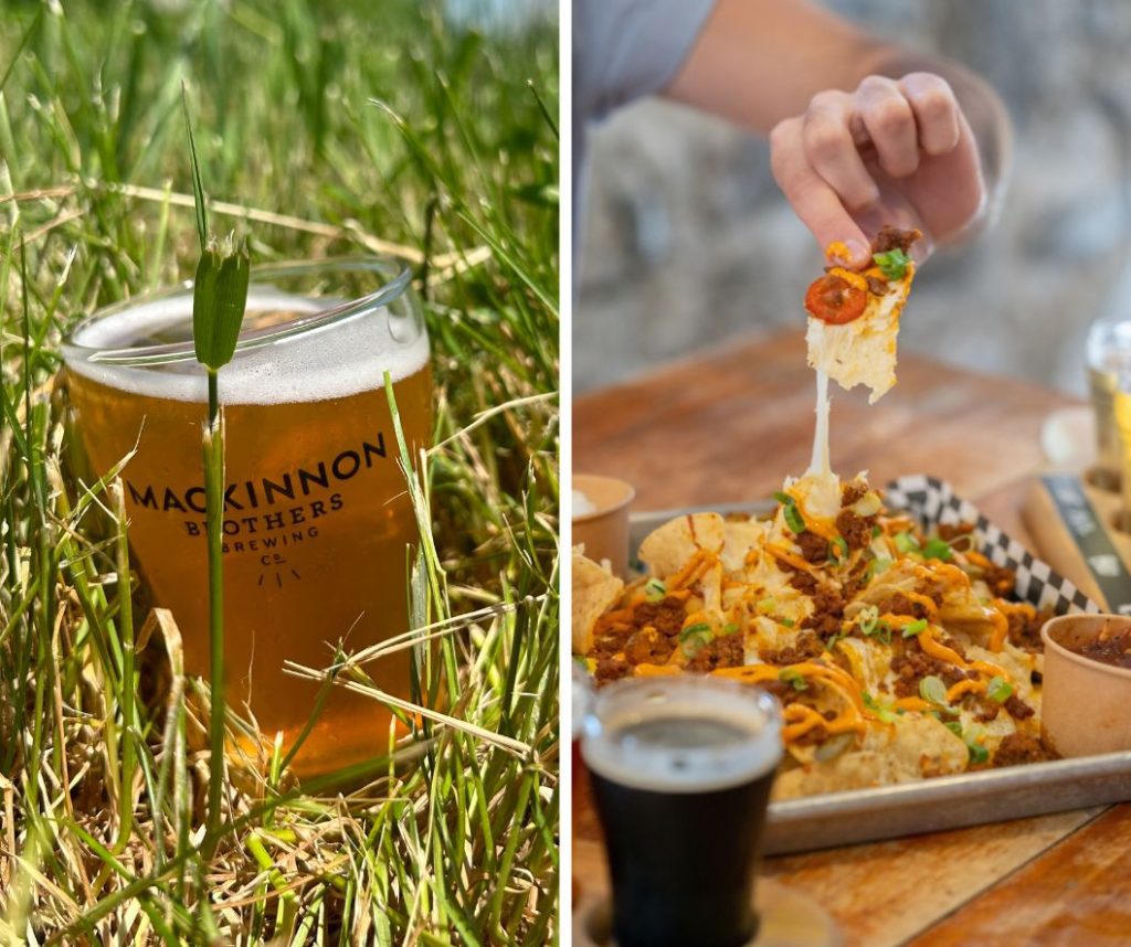 A grid of two photos from Mackinnon Brewing. On the left, a photo of a sampler of harvest ale in the grass, on the right: zain's hand with a massive cheese pull from the nacho tray.