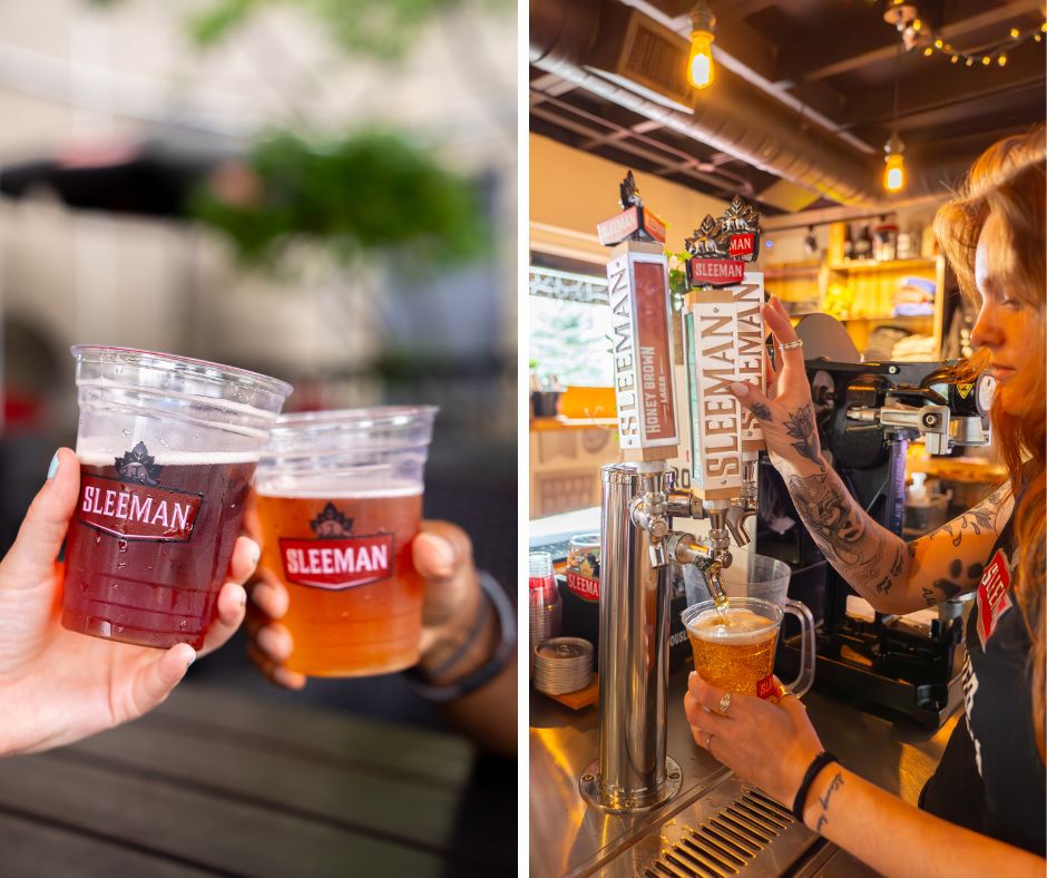 grid of two images from sleeman brewery. On the left, two beers cheersing, on the right a server pouring beer off the tap