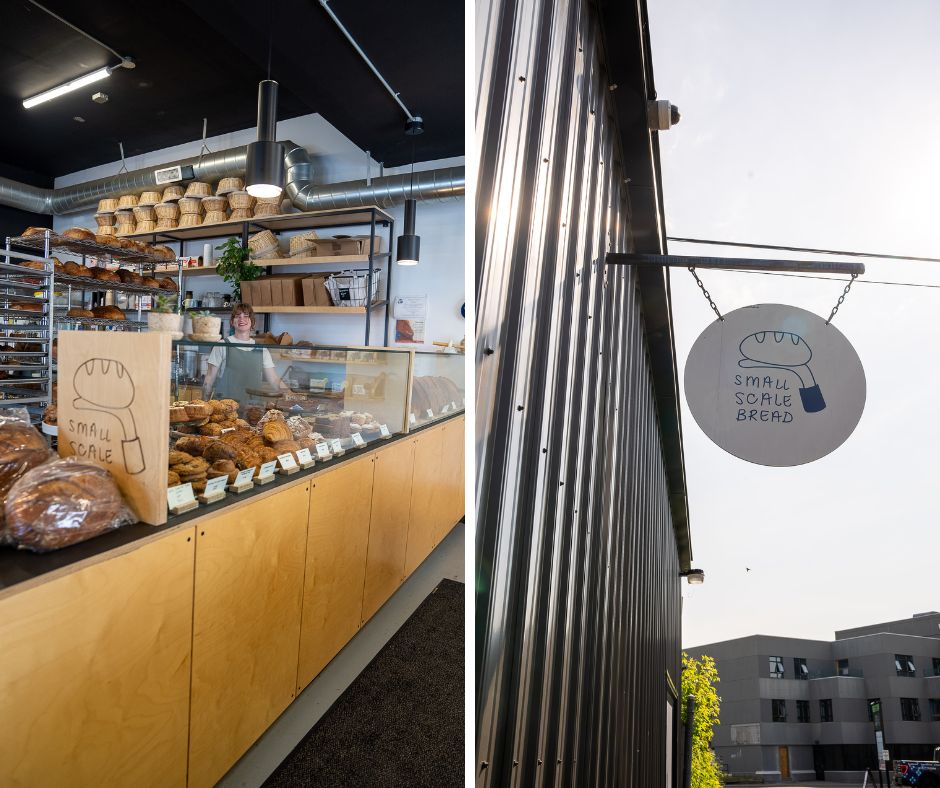 Grid of two images from Small Scale Bread Company. On the left: the counter filled with baked goods On the right: looking up at the exterior sign