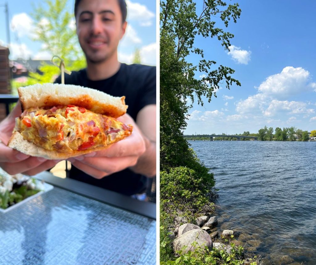 A grid of two photos at the counter restaurant. On the left: Zain holding the Quinte West-ern and on the right the view