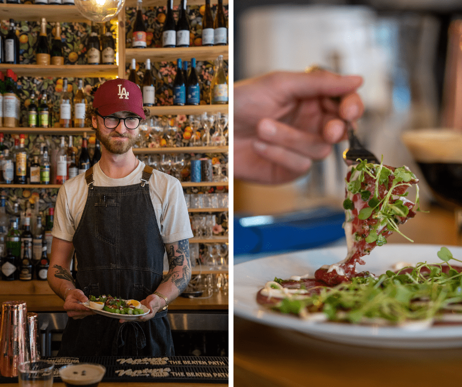 A grid of 2 photos: on the left: chef josh holding asparagus and jammy egg on the right, beef carppacio