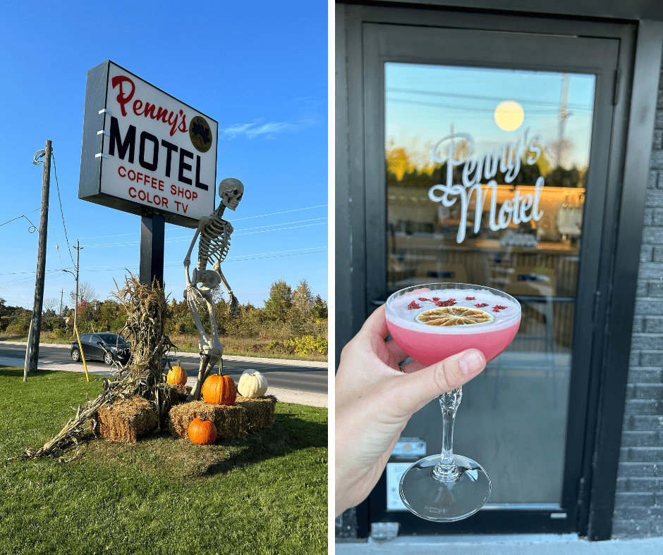 Grid of two photos taken at Penny's. On the left is the motel sign with a large skeleton and pumpkins. On the right is a bright pink coktail being held in front of the door with the Penny's logo on it