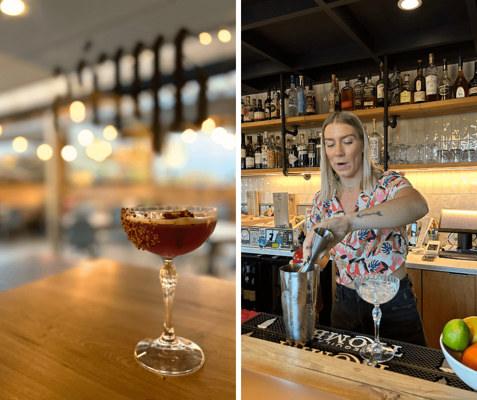 On the left, the bee's knees cocktail and on the right, Abby making a cocktail
