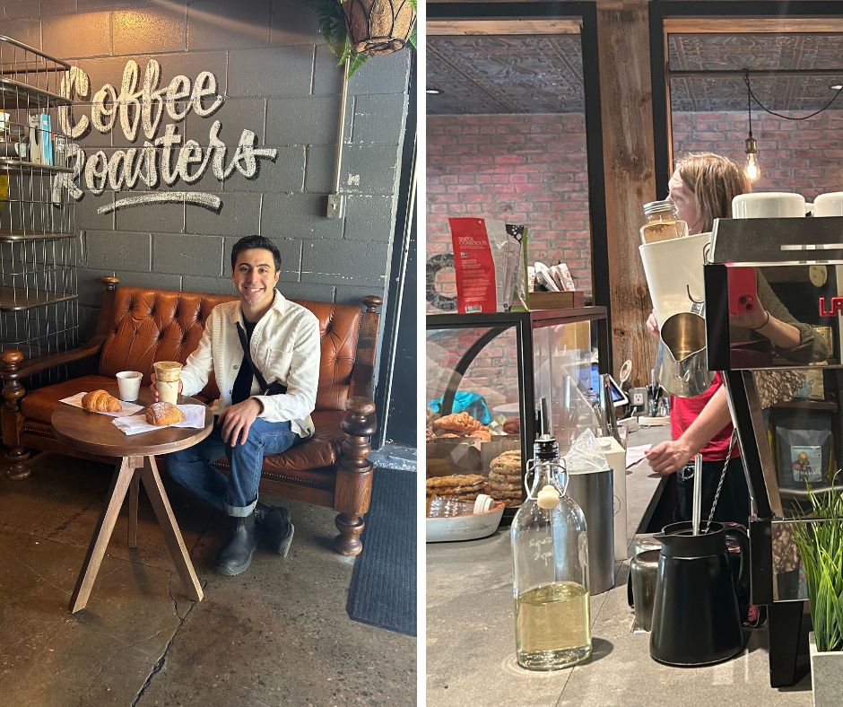 A grid of two photos from Back Road Coffee Roasters. On the left, Zain enjoying a coffee and on the right, the barista serving at the counter. 