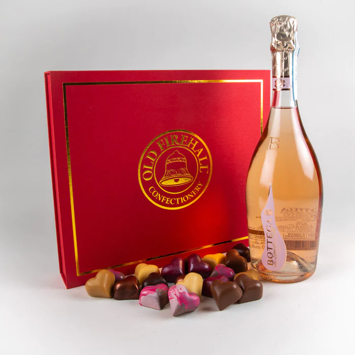 pacakge of 25 truffles and a bottle of pink proesseco from Old Firehall Confectionery