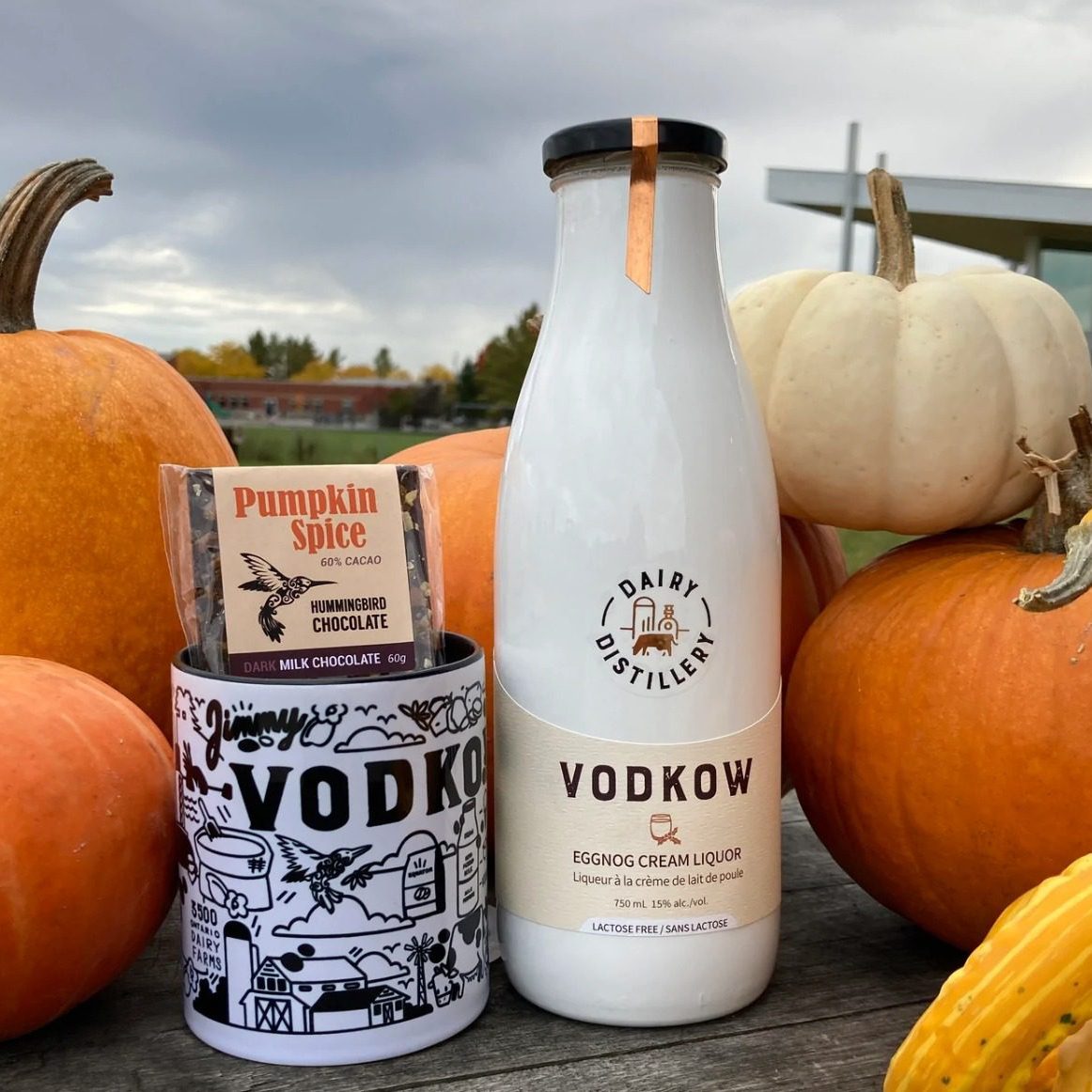 bottle of vodkow egg nog liqeur in front of pumpkins with a mug and pumpkin spice chocolate bar