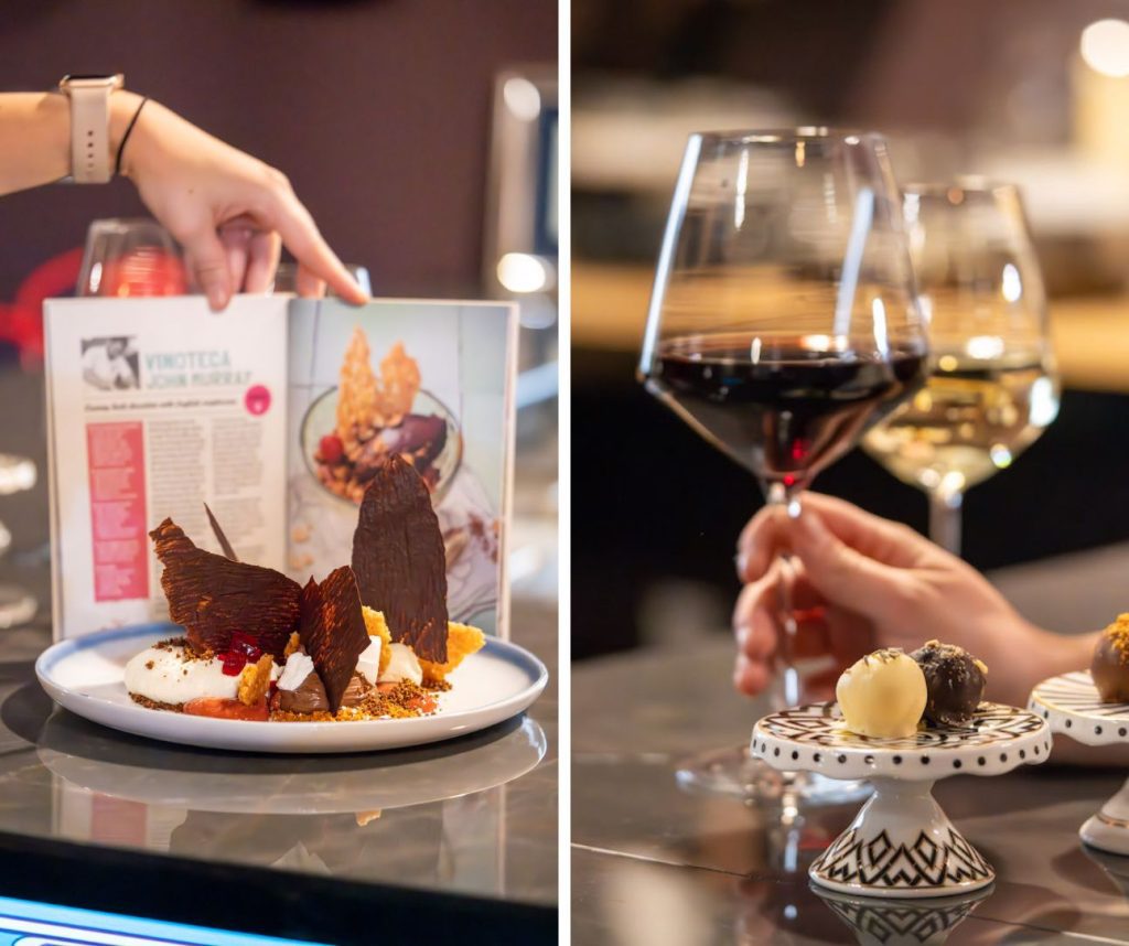 side by side from cardinal chocoaltes: on the left, the dessert in frnt of the cook book and on the right, somebody holding a glass of red wine behind two truffles