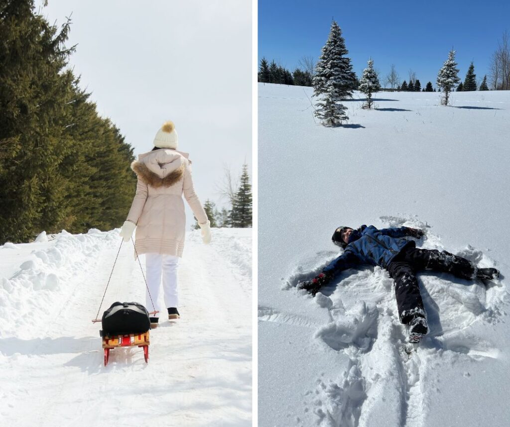 two photos from Eliotts Tree Farm: one of a girl pulling a sleigh and the other of a kid doing a snow angel