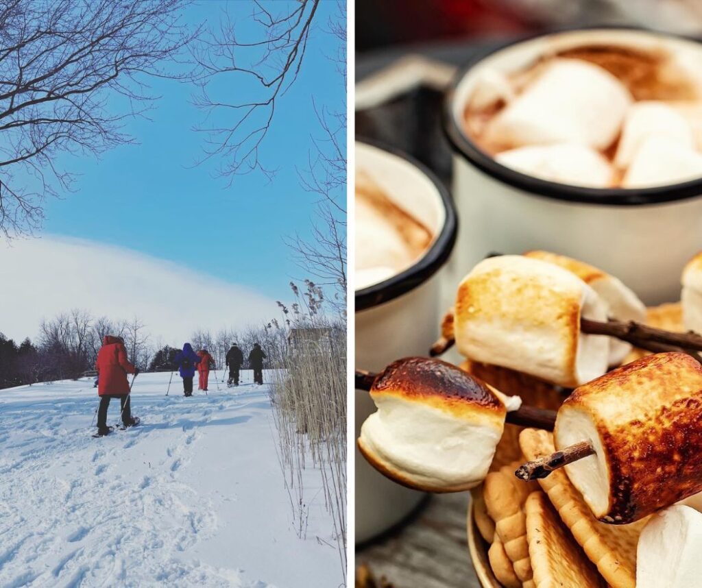 two photos from Fieldstone Barn, one of snowshoing and one of marshmallows with hot chocolate