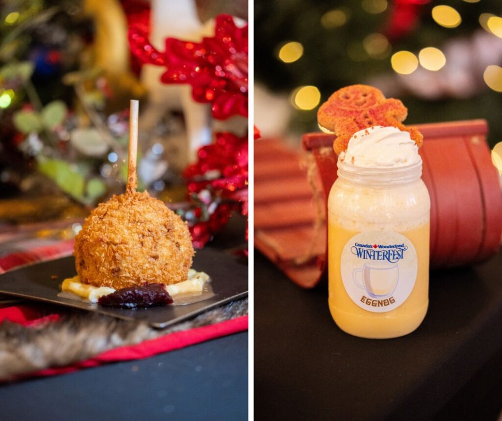 giant arancini ball on a stick and gingerbread egg nog