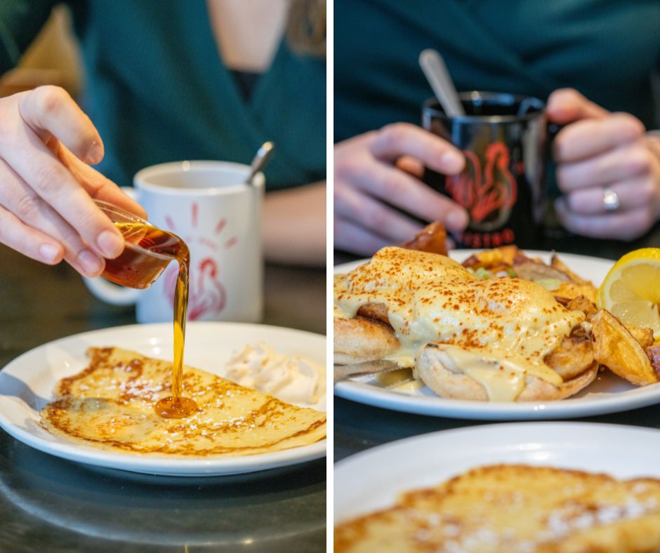 Rooster's Bistro grid of two photos: one of pouring maple syrup over pancakes, one of walleye eggs benny