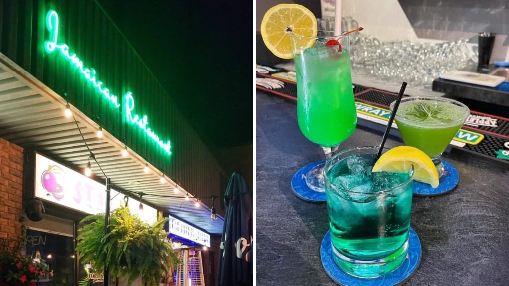 grid of photos at star apples: on the left, the exterior at night lit with a neon green sign, on the right a tropical cocktail