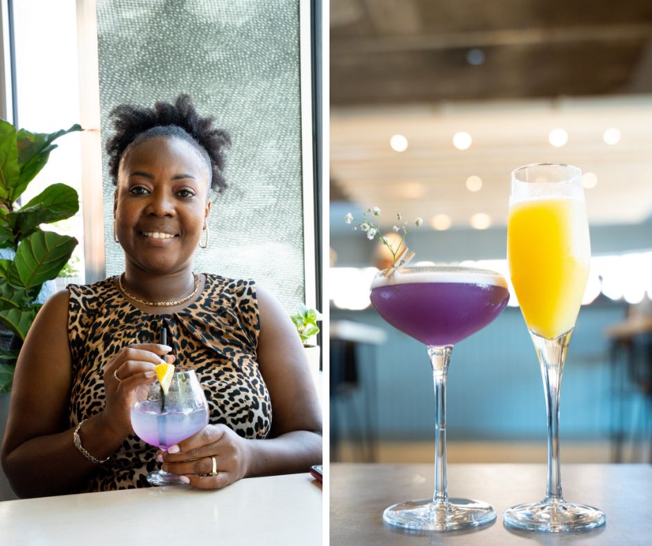 a grid from the woodside bar. On the left, a woman sipping on a purple drink and on the right, two cocktails back lit by the bar- one purple, one yellow