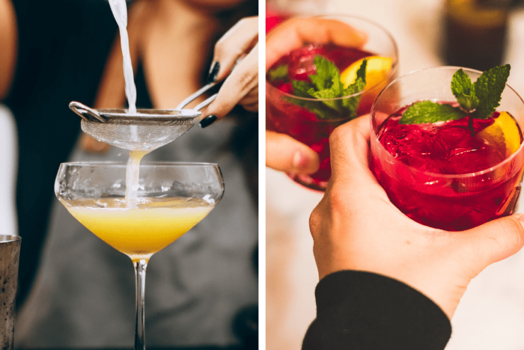 Left Image: bartender straining cocktail into drink glass. Right Image: two glasses with drinks clinking together.