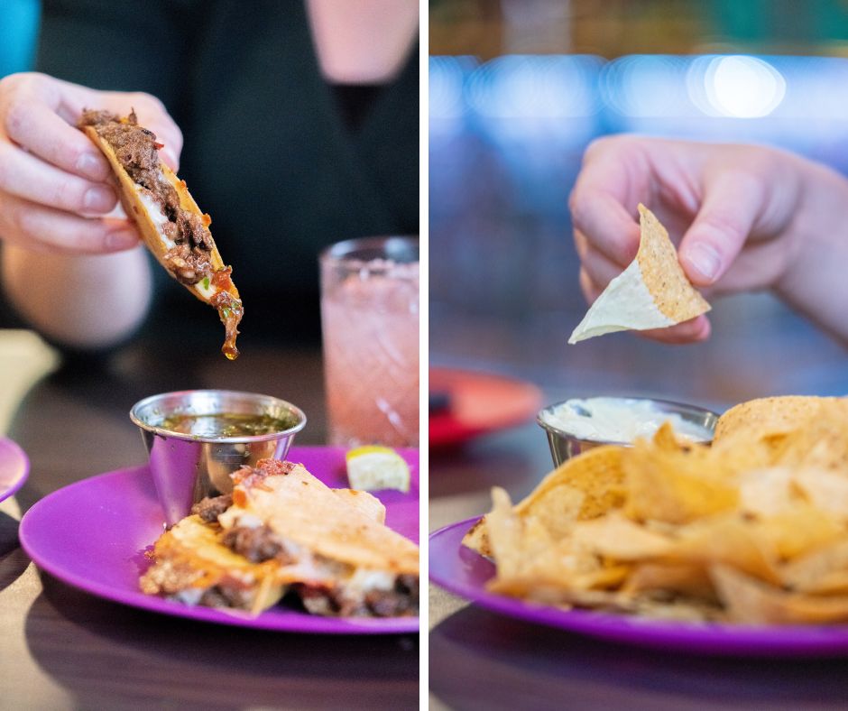 Grid from Nortenos. On the left, a hand holding a birria taco dripping with beef broth, on the right, a hand holding a nacho in avacado lime crema 