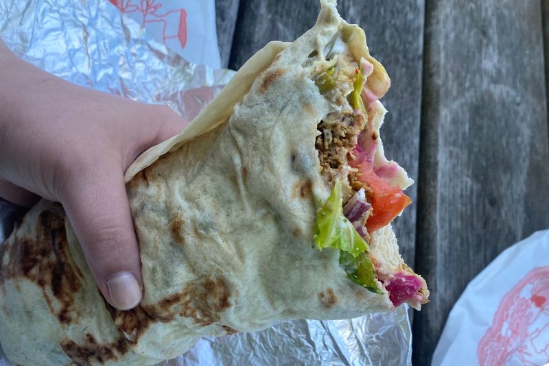 Close up of a shawarma wrap.