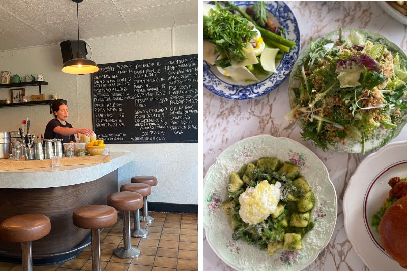 Split image. Left image shows bar counter with bartender behind the counter. Right image shows close up of four dishes with food on a table.