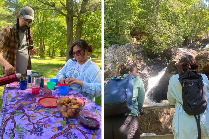 Split Image. Image on left shows man pouring tea into mug and woman setting picnic table. Image on right shows two women looking out over crystal falls in the Hiawatha Highlands.