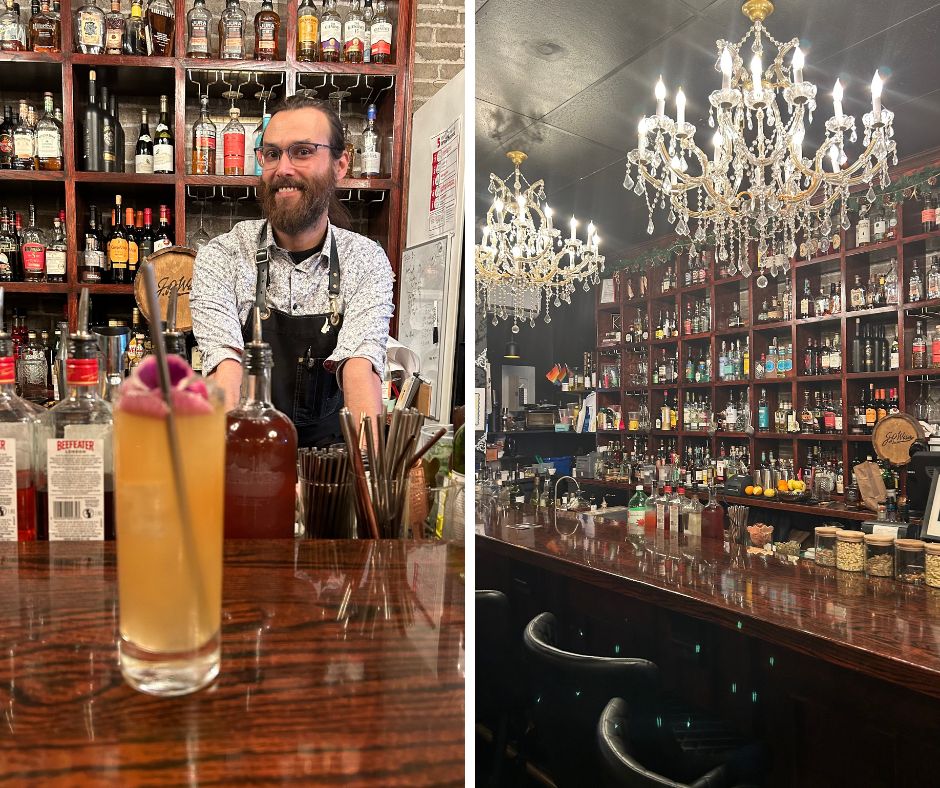 Alibi Room grid: on the left, bartender behind drink and on the right a photo of the bar