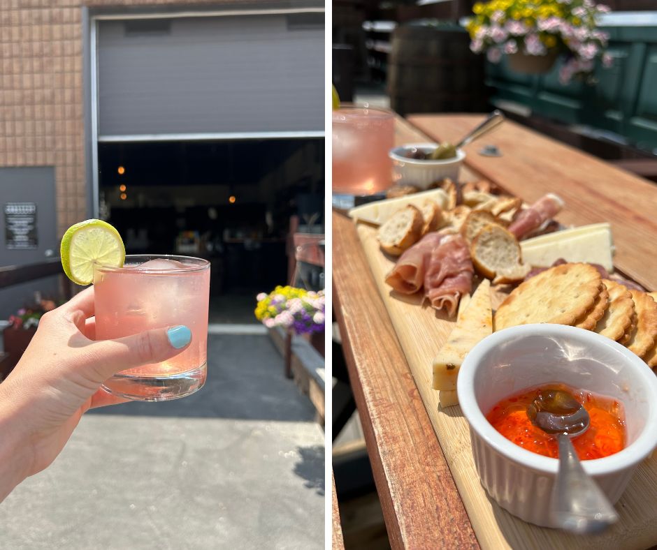 grid of crosscut distillery photos, one of gin cocktail and one of charcuterie board