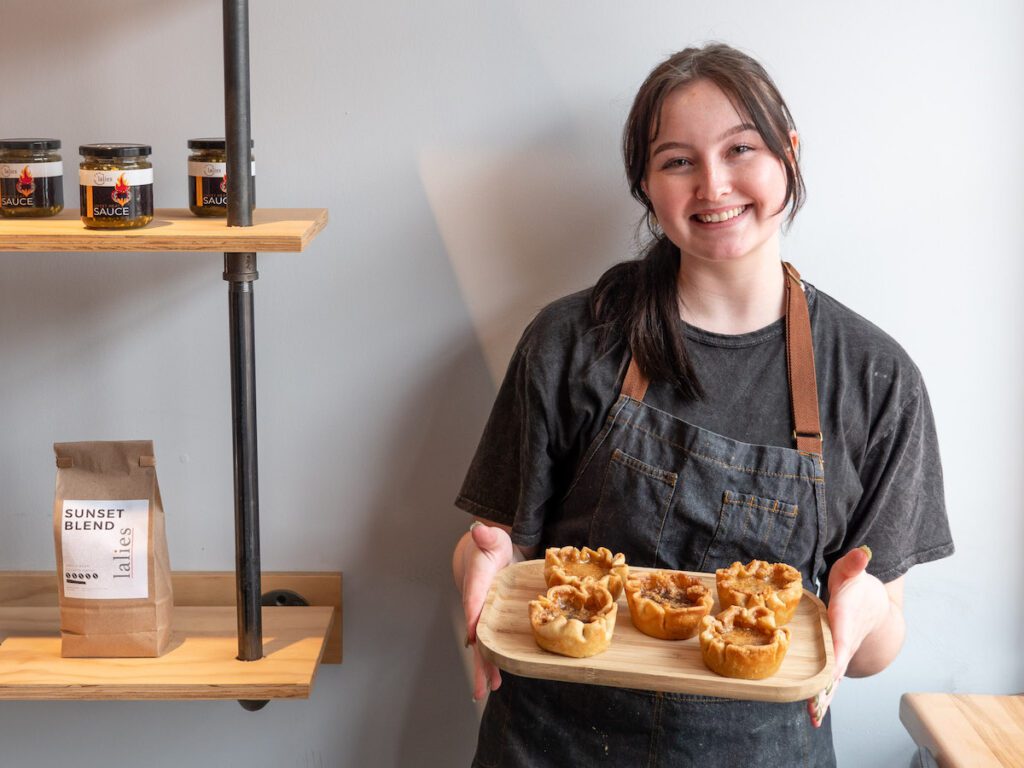 Lailies and the Dutch, girl holding tray of butter tarts