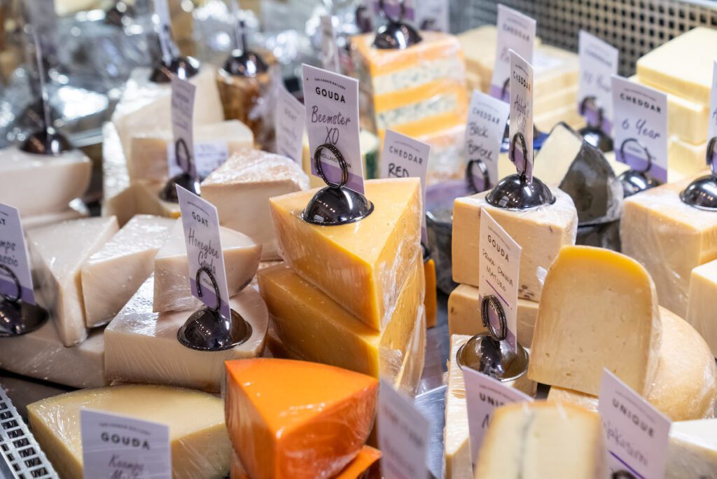 close up of the cheese case at the Cheese Gallery