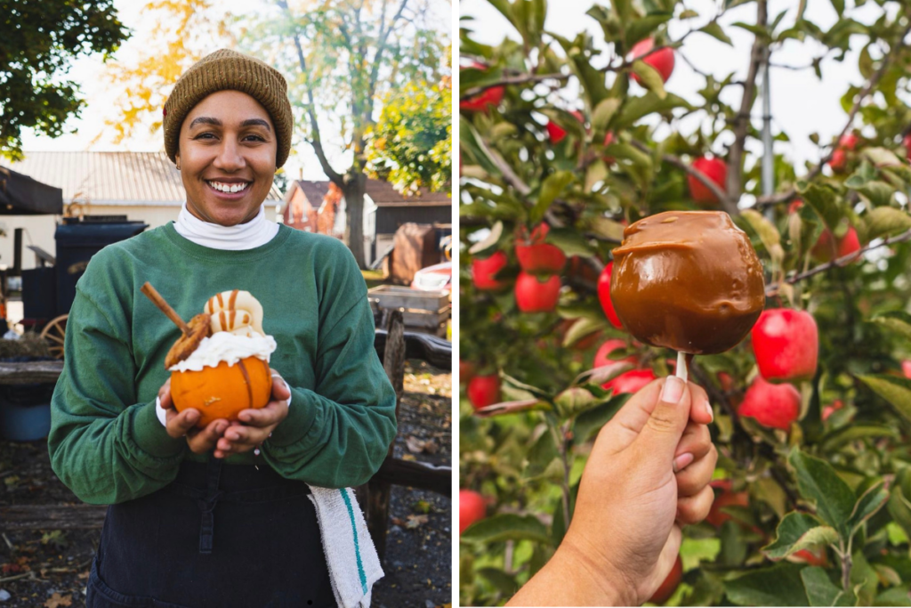 grid left to right from Pingles- on the left a girl holding a pumpkin drink and on the right a candy apple