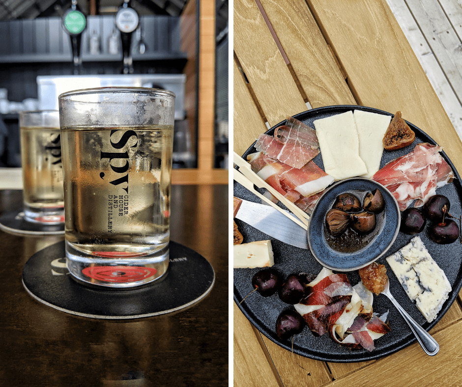 2 pane grid: On the left a glass of Spy Cider and on the right an overhead shot of a charcuterie and cheese plate