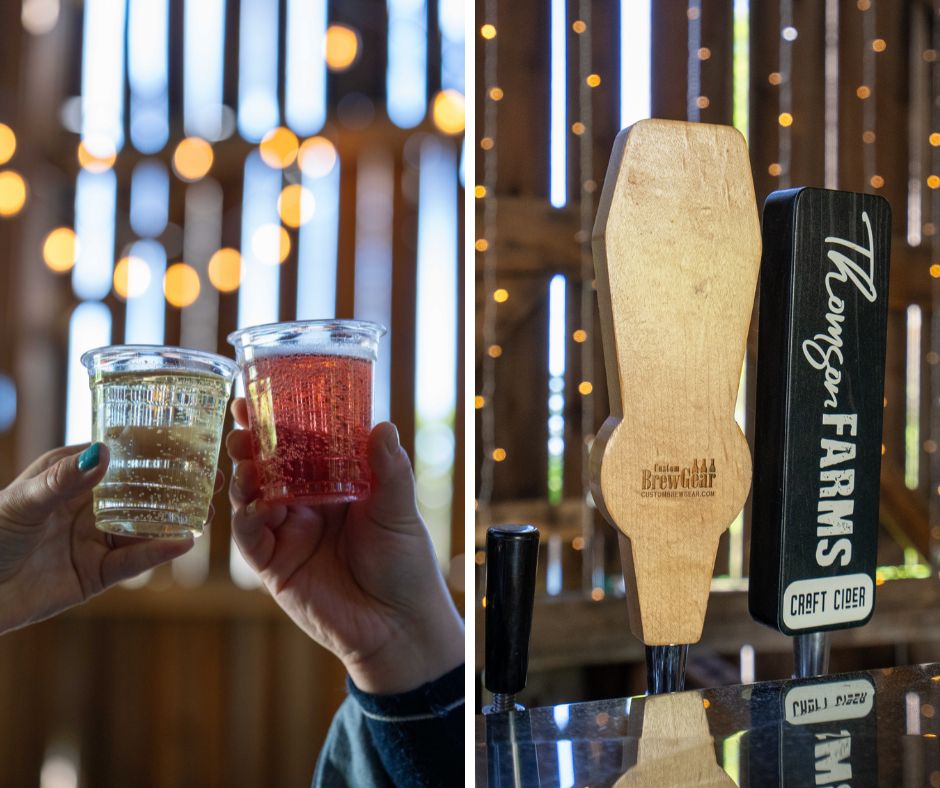 A grid of two images from thomson farms. On the left, two ciders cheersing, on the right two tap handles