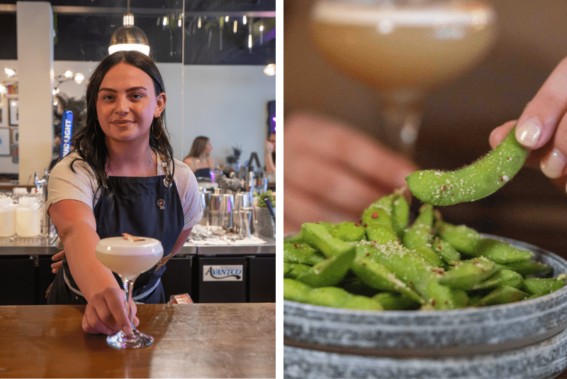 Two images. Left image is of Peace Restaurant's mixologist Gabrielle holding a freshly created strawberry flavoured cocktail at the bar.