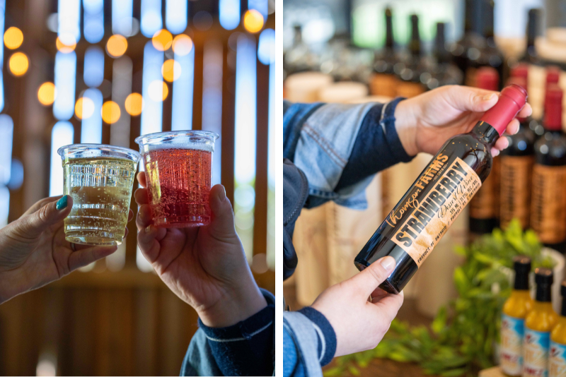 Two Images: left images features two hands holding apple and rose cider clinking glasses. Right features two hands holding a bottle of strawberry dessert wine.