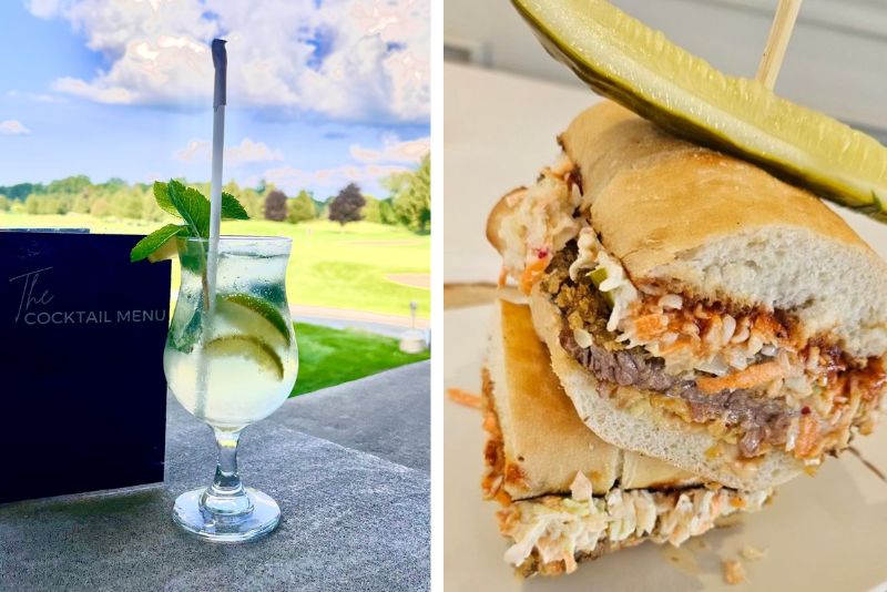 Split image: Left Image Shows cocktail outside on patio with cocktail menu book. Right image shows sandwich staked on top of itself with a pickle skewered on top.