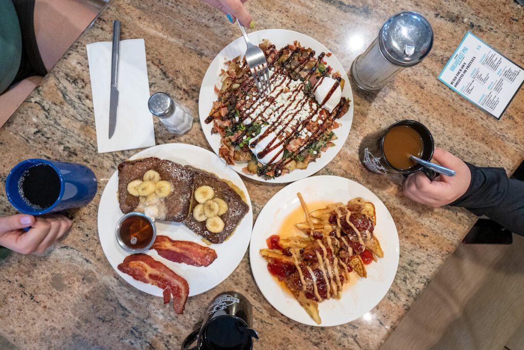 overhead shot of the food spread at The Breakfast Pig