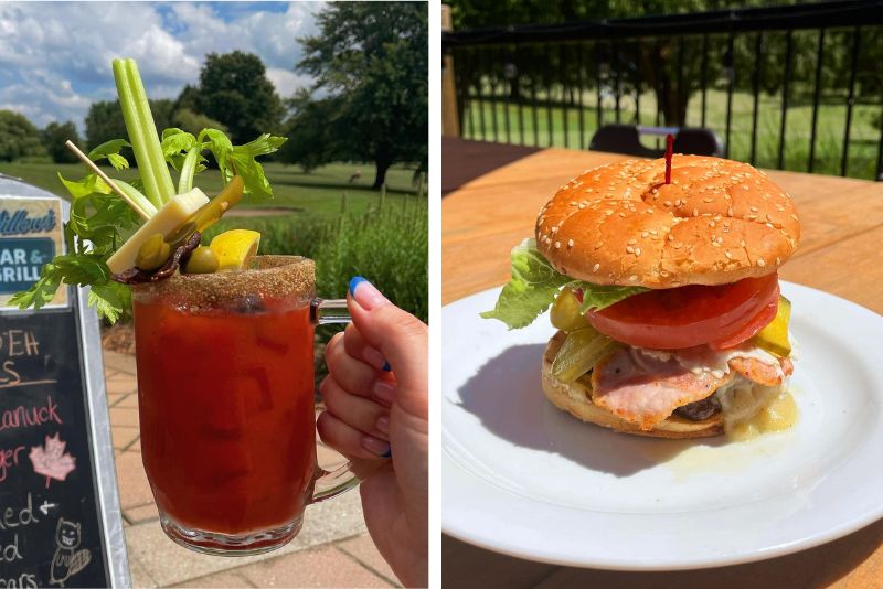 Split Imgae. Left image shows pitcher of a cesar drink topped with cheese, celery, and pickles. Right image shows burger on a plate outside on the patio.